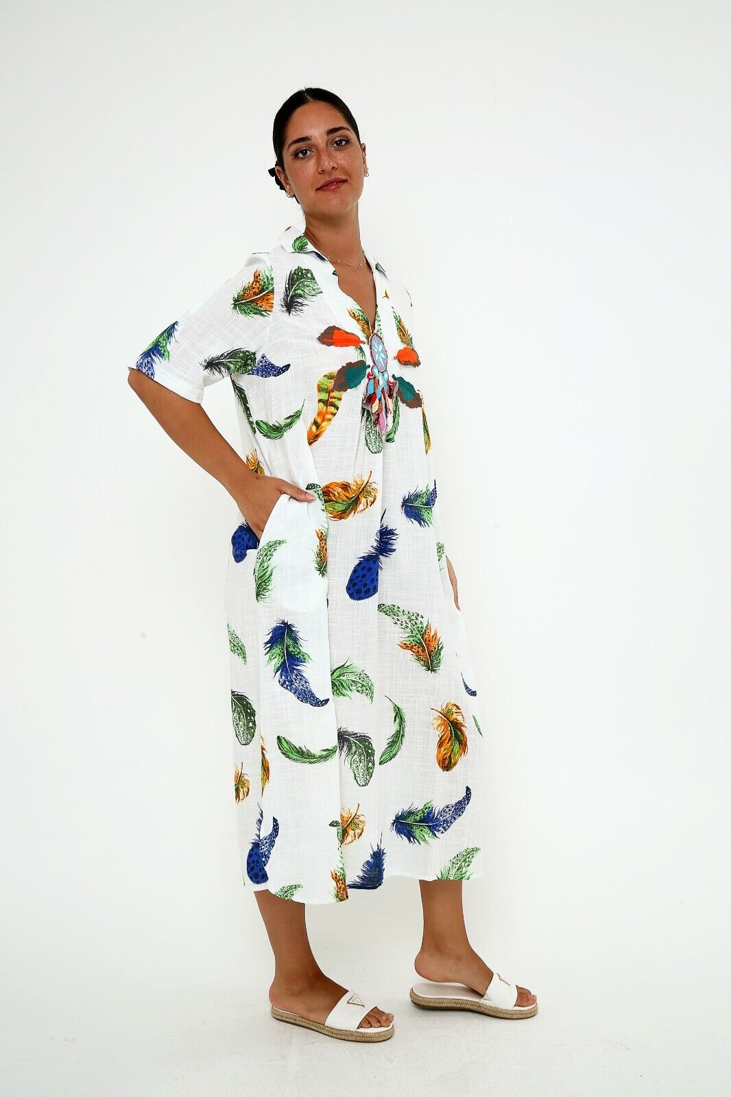 Women's Colorful Feather Print Linen Maxi Dress