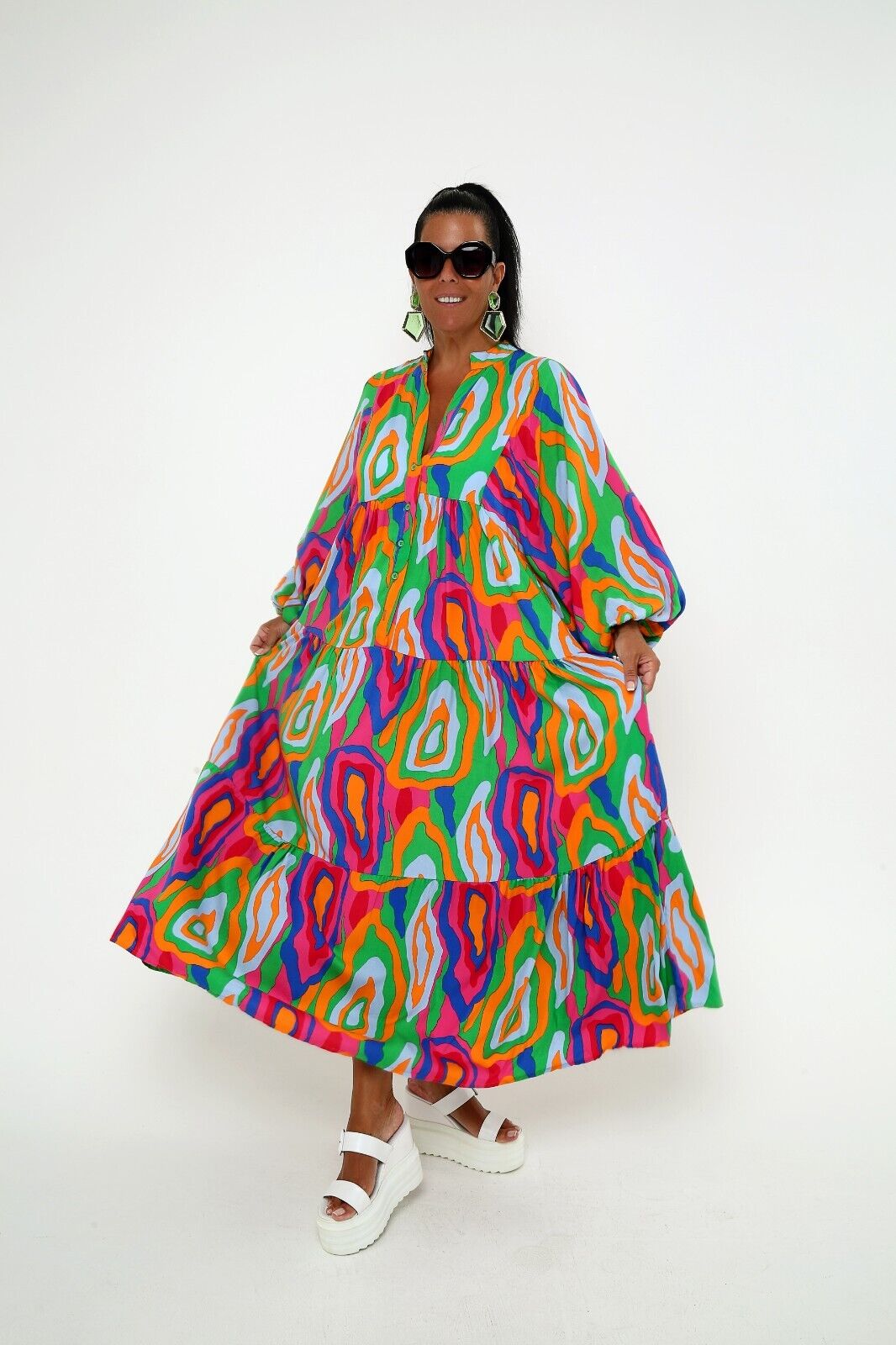 Women's Colorful Abstract Print Maxi Dress - Boho Tiered Viscose, Long Sleeve