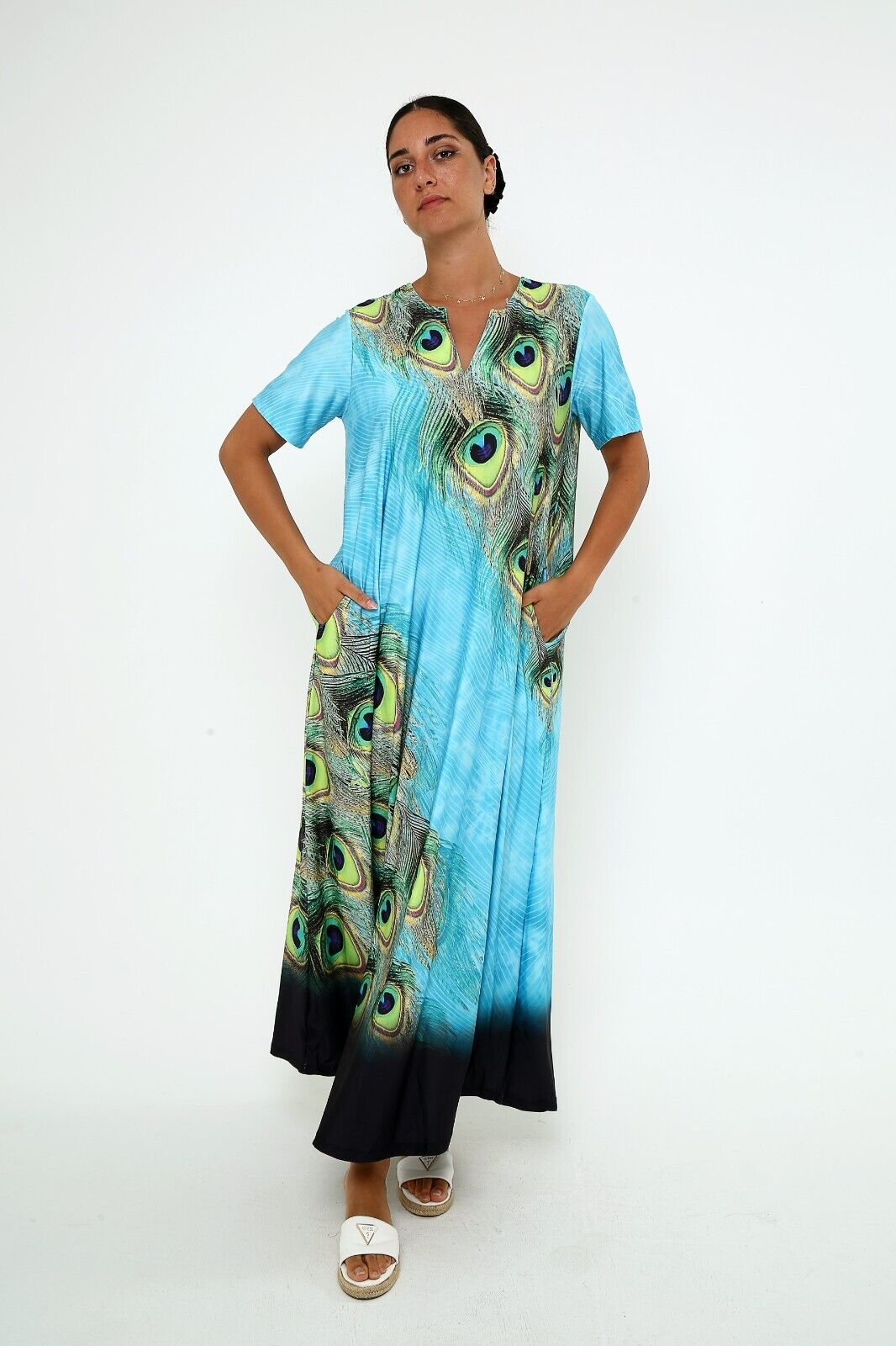 Women's Elegant Peacock Feather Maxi Dress in Serene Blue