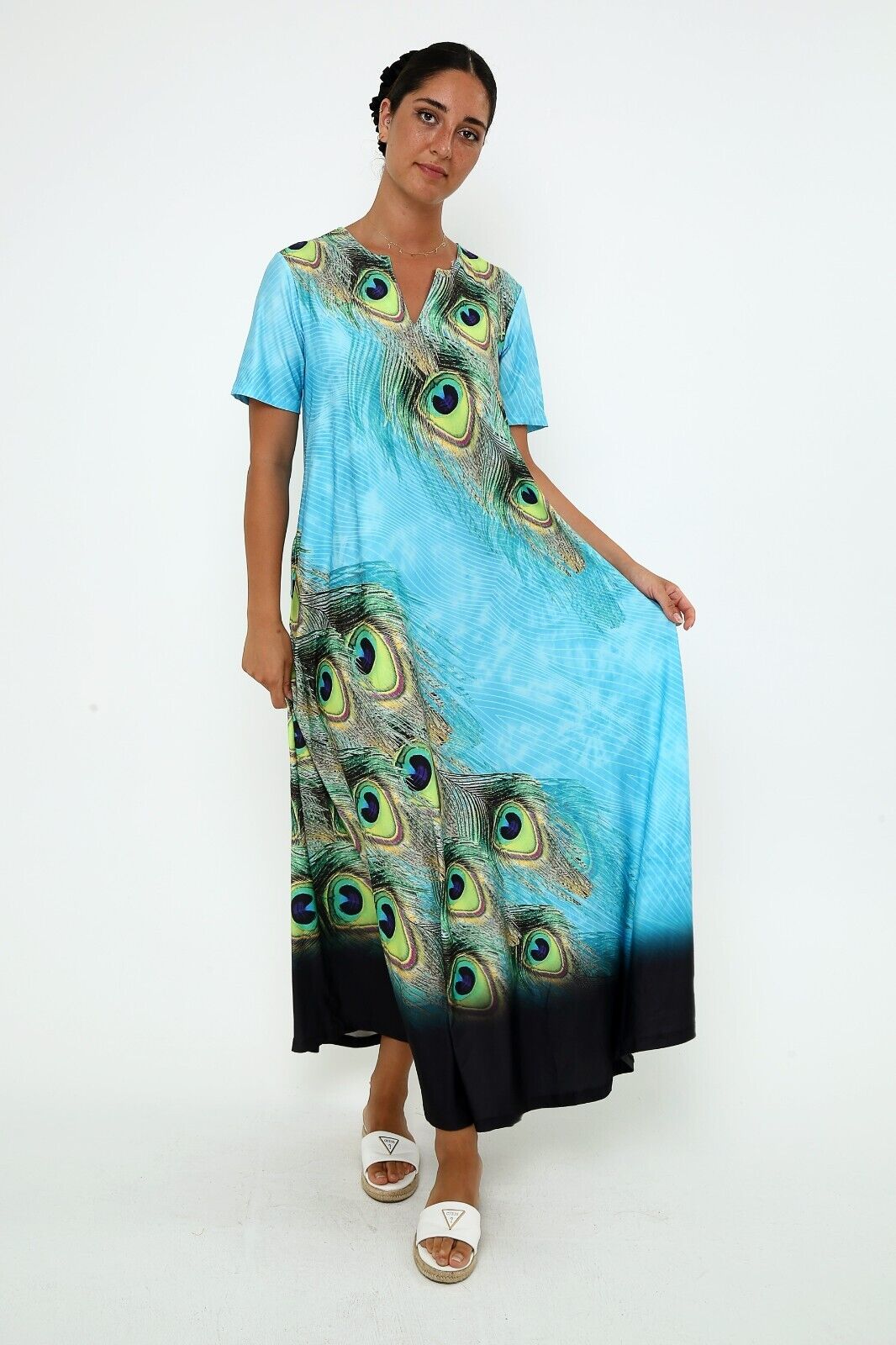 Women's Elegant Peacock Feather Maxi Dress in Serene Blue