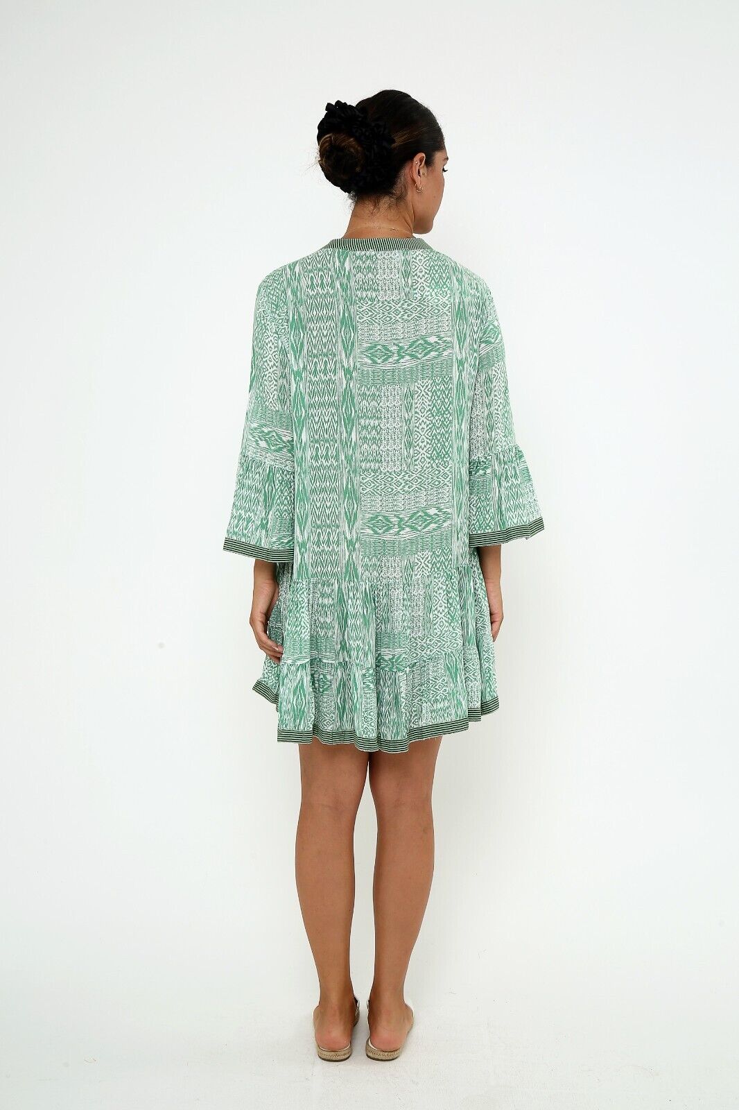 Women's Sage Green Boho Print Viscose Mini  A-Line Dress