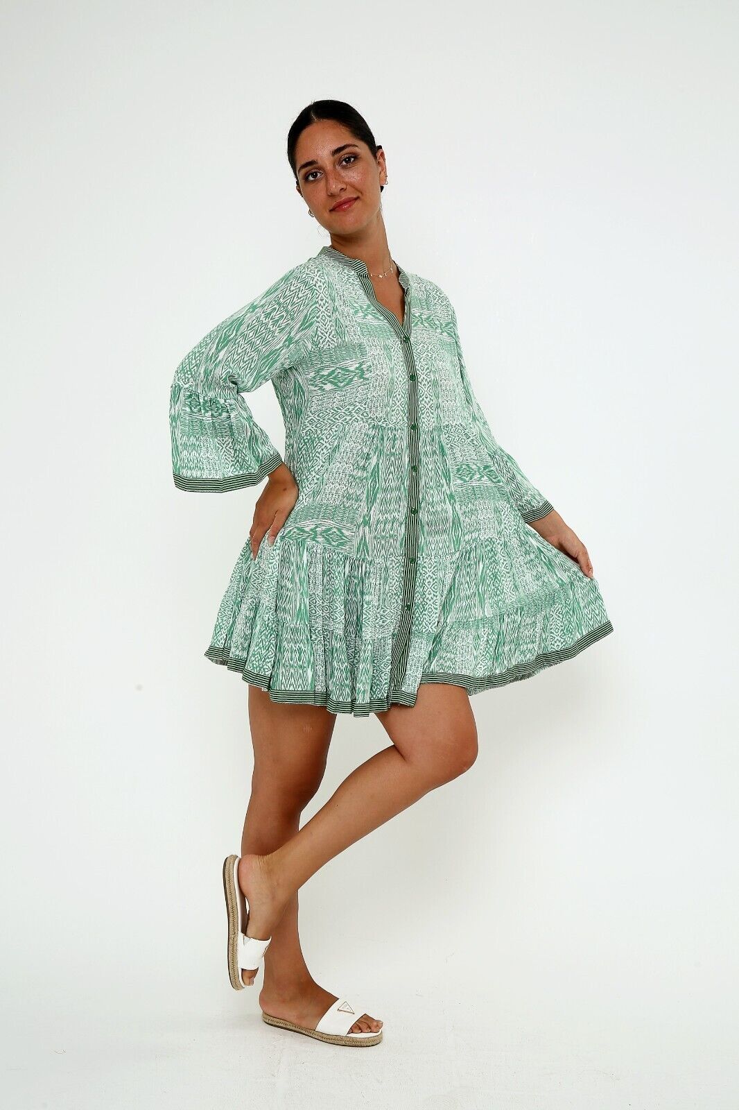 Women's Sage Green Boho Print Viscose Mini  A-Line Dress