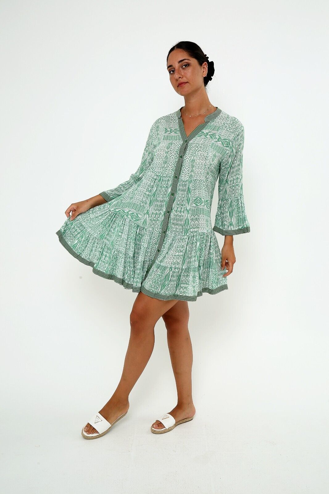 Women's Sage Green Boho Print Viscose Mini  A-Line Dress