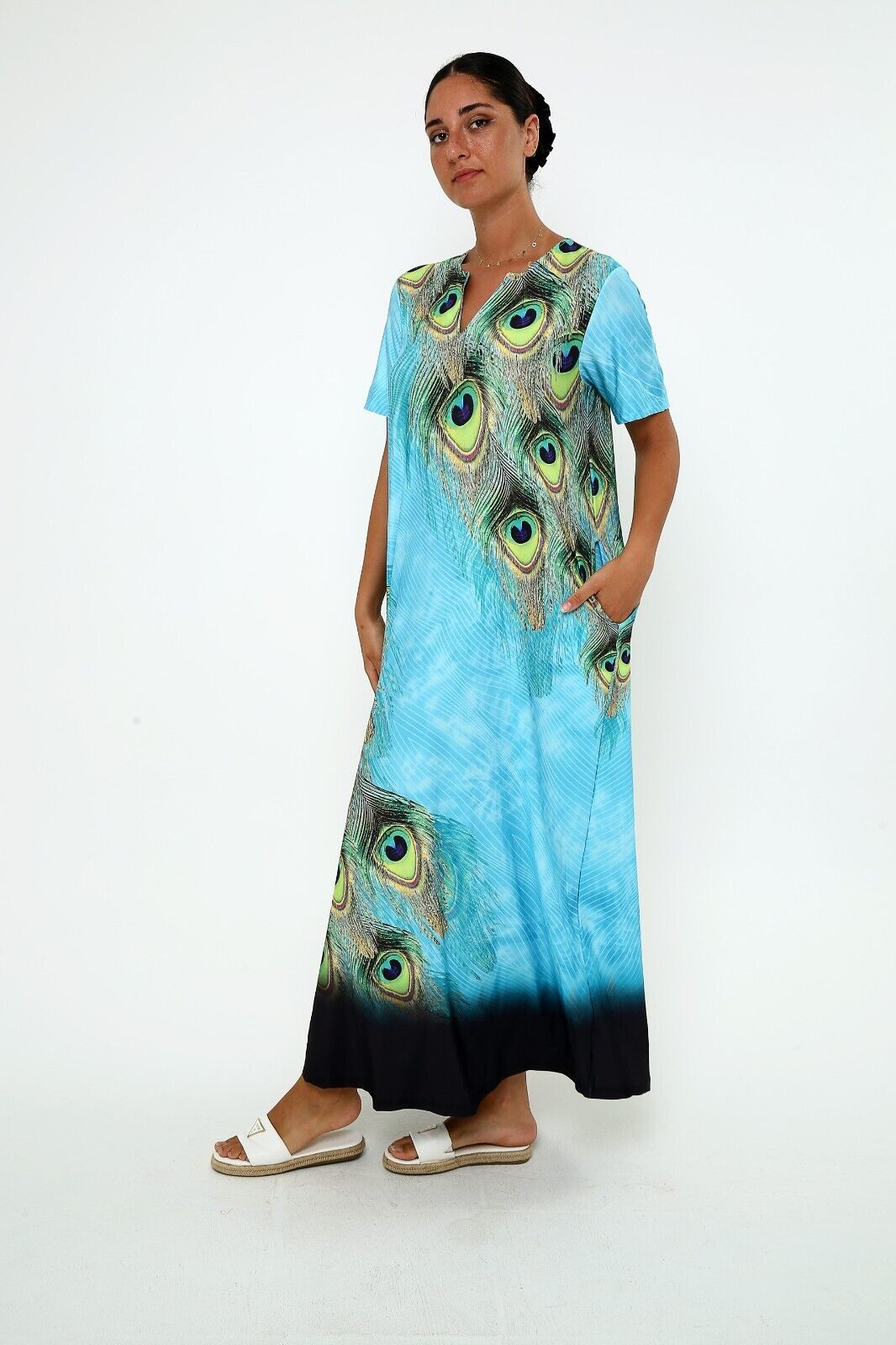 Women's Elegant Peacock Feather Maxi Dress in Serene Blue