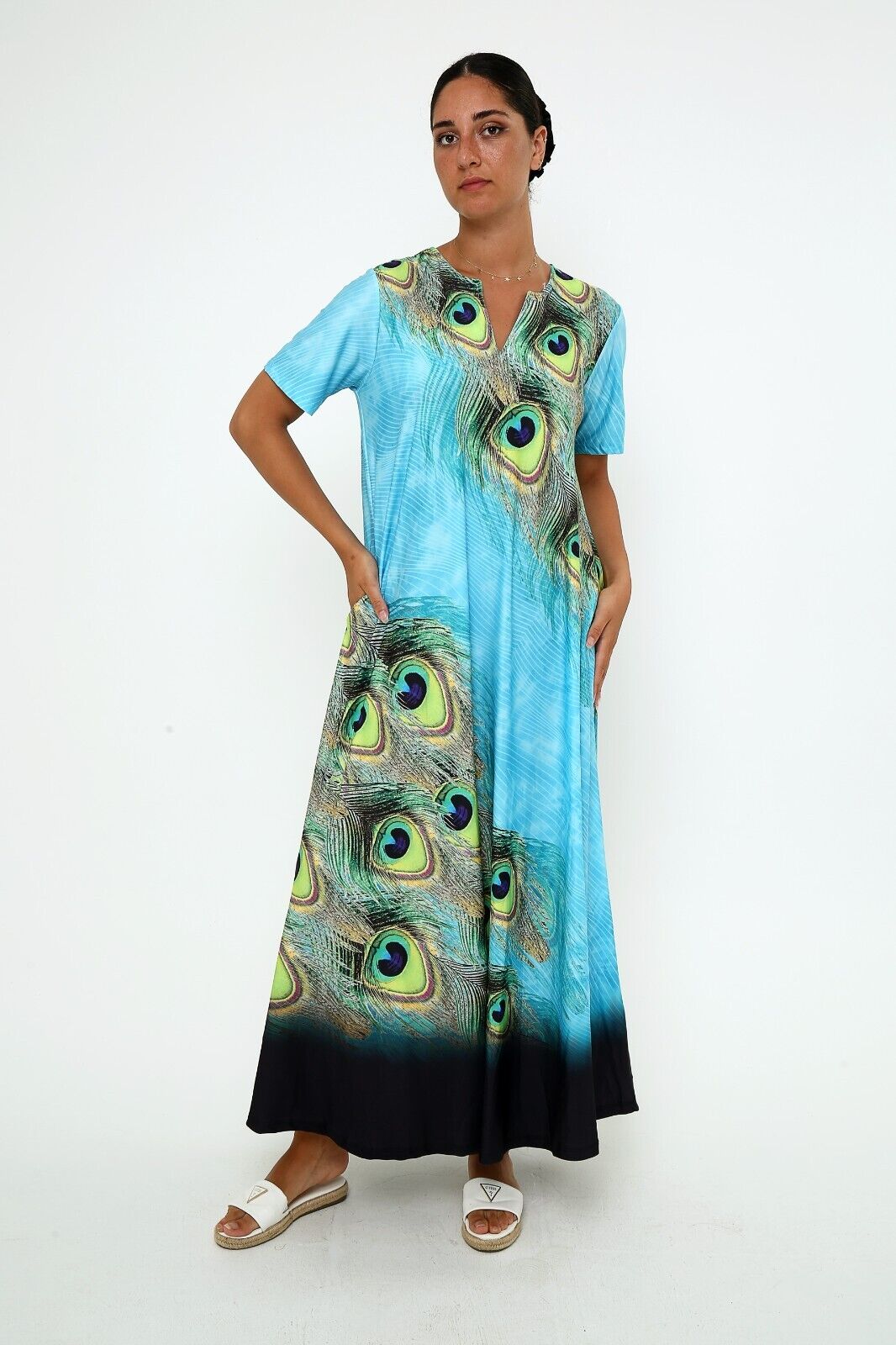 Women's Elegant Peacock Feather Maxi Dress in Serene Blue